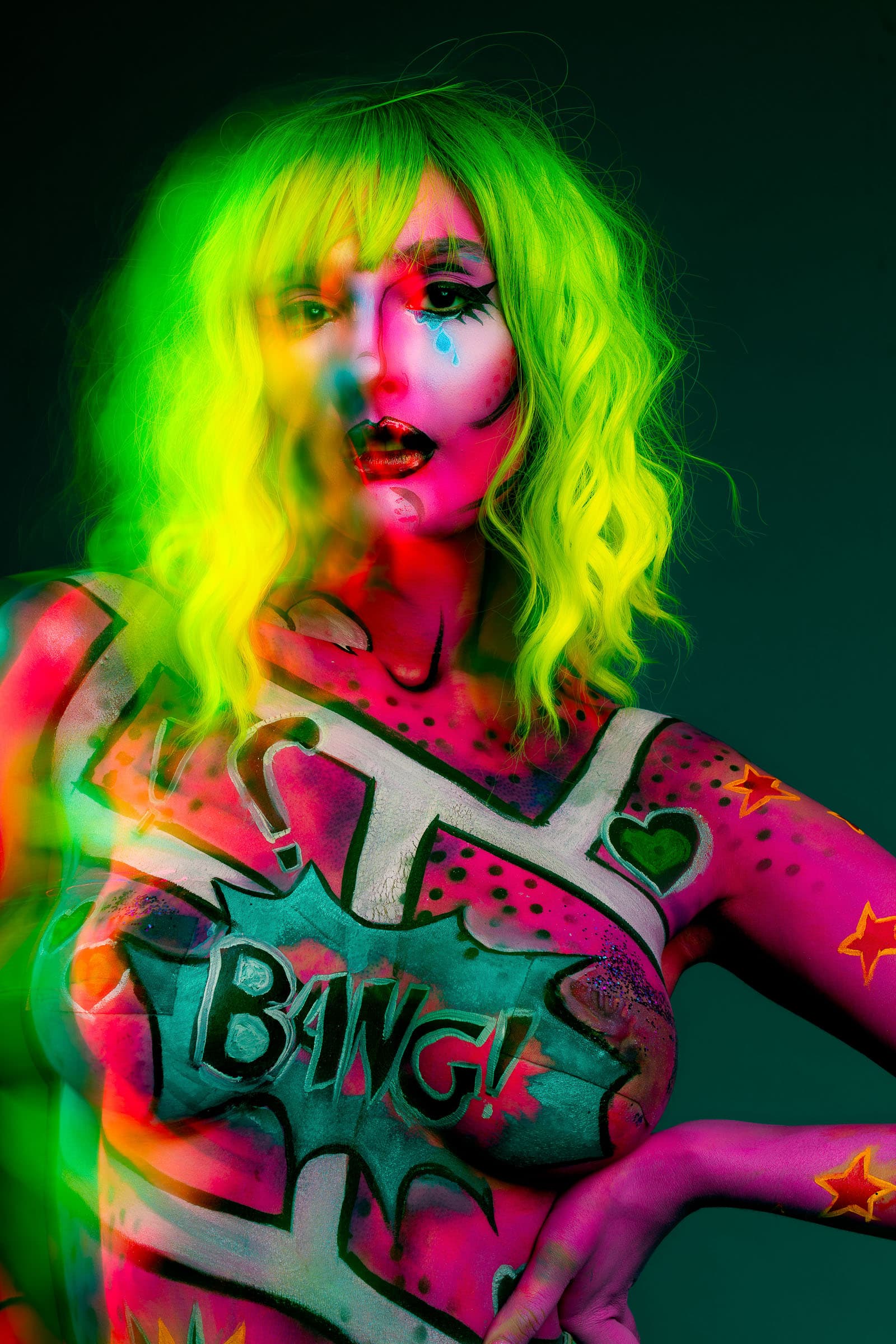 bold editorial photographer Italy — drag queen blue hair yellow background vivid